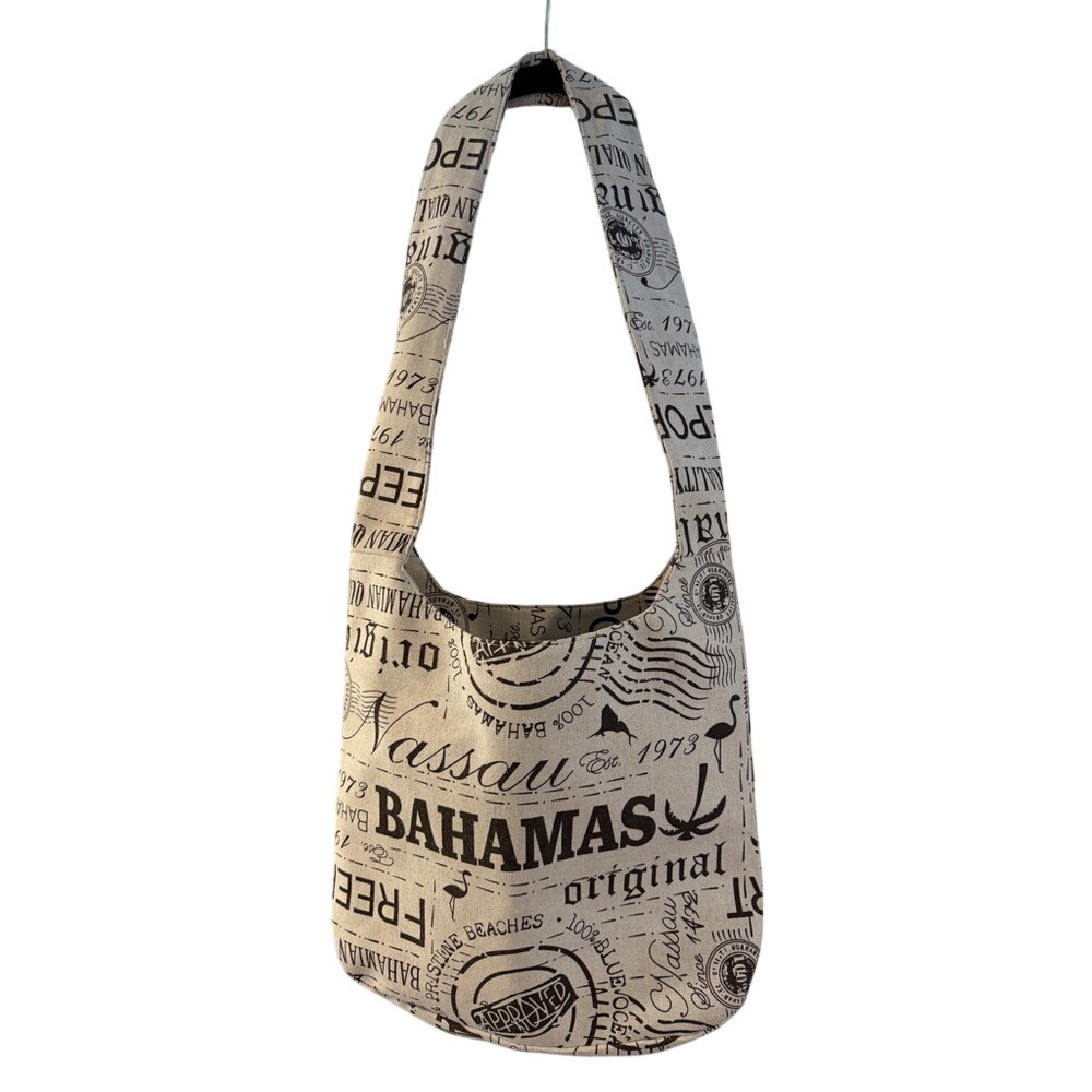 Nassau Bahamas Messenger Bag Tan‎ Black Stamp Print Adjustable Strap